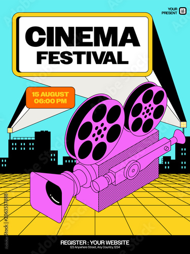 Retro cinema festival poster template design with vintage movie camera and city skyline backdrop. Design element can be used for print, brochure, banner, suitable for film event