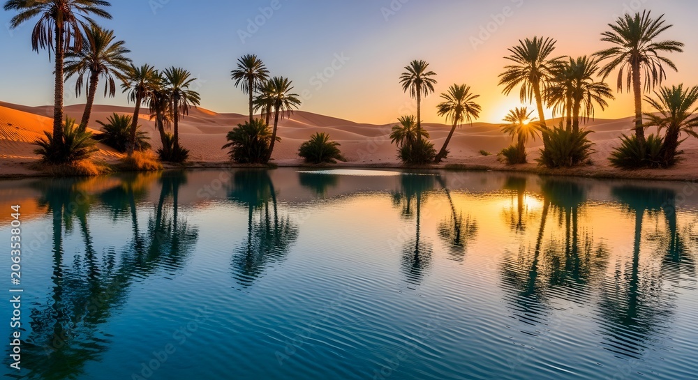 Fototapeta premium Beautiful desert oasis with palm trees reflecting in water at sunset