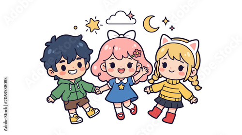 Foto Cute Kawaii Children Holding Hands, Stars, Moon, Clouds