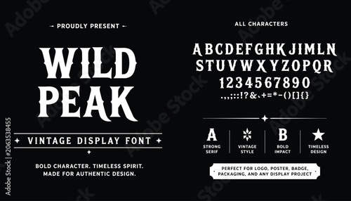 Wild Peak Bold vintage serif display font for branding and rugged outdoor apparel design