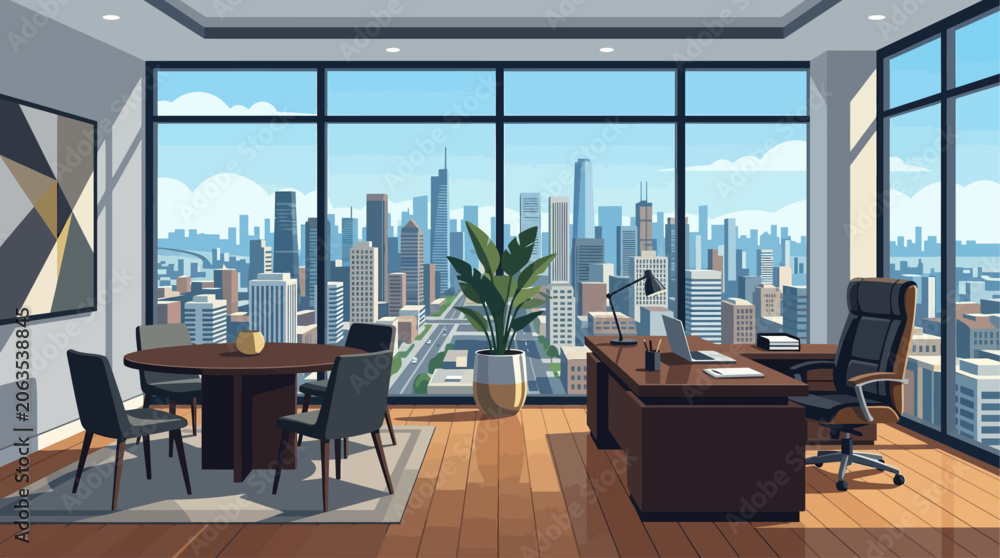 Fototapeta premium This flat design illustration portrays a sophisticated executive office, boasting an imposing desk and a panoramic city view through its large windows.