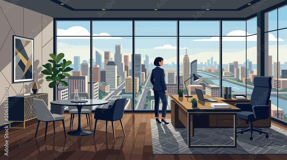 Fototapeta premium This flat design illustration portrays a sophisticated executive office, boasting an imposing desk and a panoramic city view through its large windows.