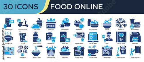 Collection of Food Online icons, related to Order Food, Food Delivery, Breakfast, Online Order, Healthy Food and more. Solid icons vector illustation.