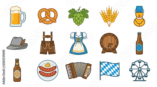 A colorful illustration of Oktoberfest celebrations featuring beer, pretzels, hops, and traditional attire.