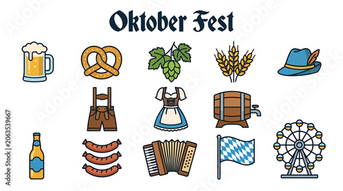 Oktober Fest celebration with beer, pretzels, and traditional clothing in a lively festival setting with music and games.