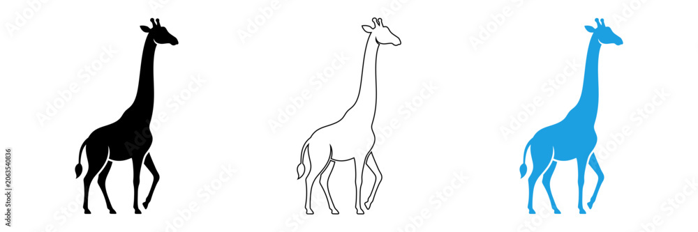 Fototapeta premium Three stylized giraffes in different colors standing isolated on transparent background, Vector