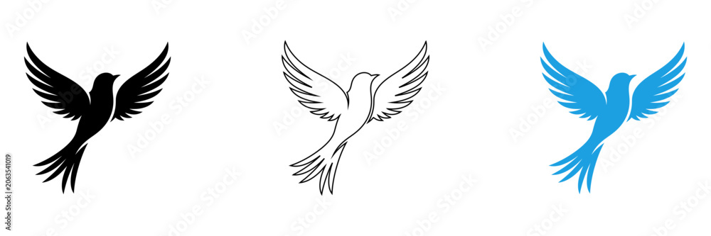 Obraz premium Three stylized birds flying in different colors isolated on transparent background, Vector