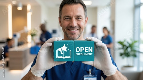 Smiling male nurse holding open enrollment blocks in a medical setting