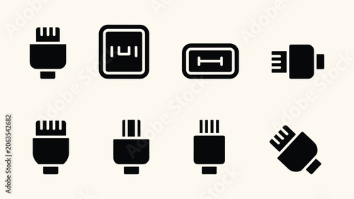 Fotografie Collection of black silhouette USB port and connector icons in various styles for digital connections