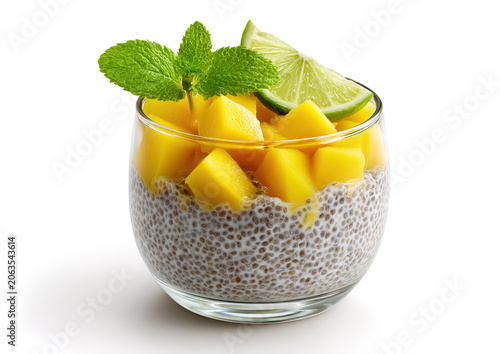 Delicate layered chia seed pudding with creamy yogurt and fresh mango chunks in clear glass jars