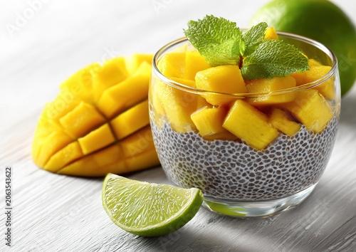 Delicate layered chia seed pudding with creamy yogurt and fresh mango chunks in clear glass jars
