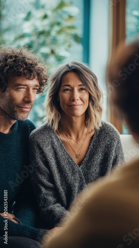 Smiling middle-aged couple in therapy session, discussing issues and seeking support for relationship growth.