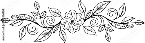 Black and white line drawing of a floral design with leaves and flowers