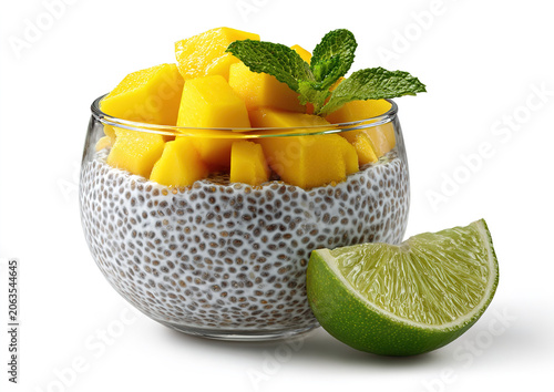 Delicate layered chia seed pudding with creamy yogurt and fresh mango chunks in clear glass jars