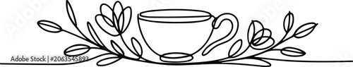 Continuous line drawing of tea cup with leaves