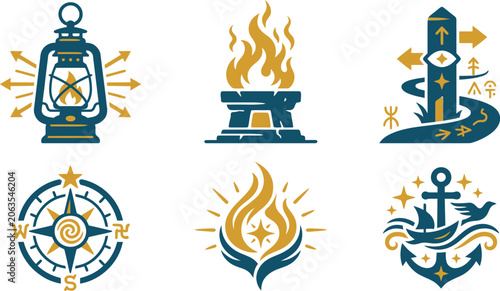 Valokuva Spiritual guidance icons set featuring navigation symbols and wayfinding markers