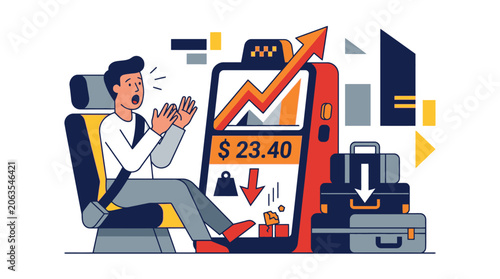 Shocked passenger looking at expensive taxi meter fare concept illustration. EPS Editable