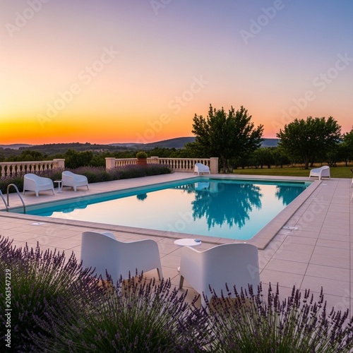 Luxury Mediterranean Villa Outdoor Patio and Swimming Pool at Golden Hour Sunset