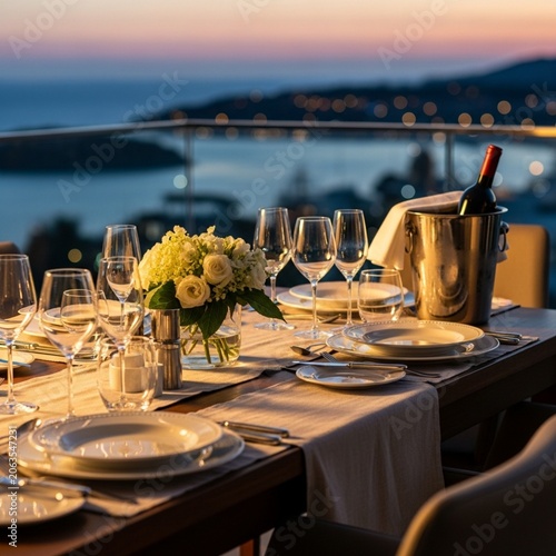 Elegant Sunset Dinner Table on Private Balcony Overlooking Coastal Harbor