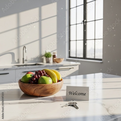 Modern Urban Loft Kitchen with Welcome Card and Keys on Marble Countertop