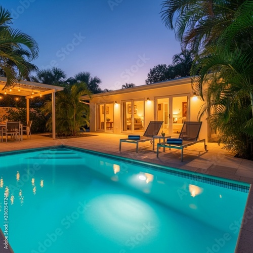 Luxury Vacation Villa Patio with Glowing Turquoise Swimming Pool and Lounge Chairs at Dusk