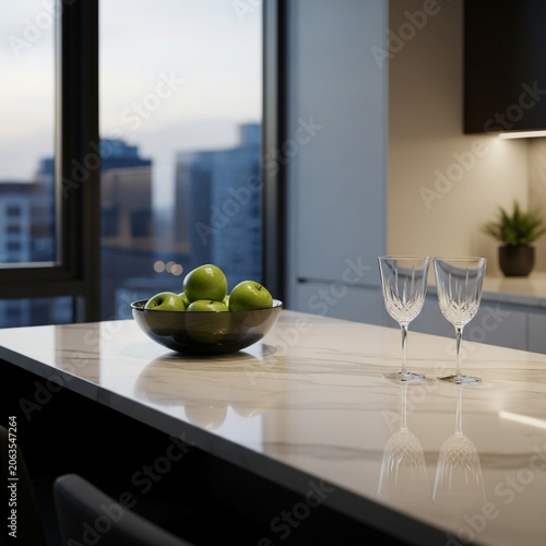 Luxury Minimalist Kitchen with Marble Island and City Skyline View at Dusk in Urban Apartment