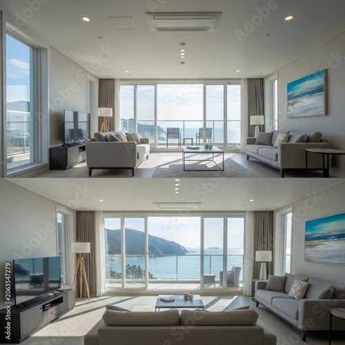 Contemporary Luxury Living Room with Floor-to-Ceiling Windows and Serene Ocean View