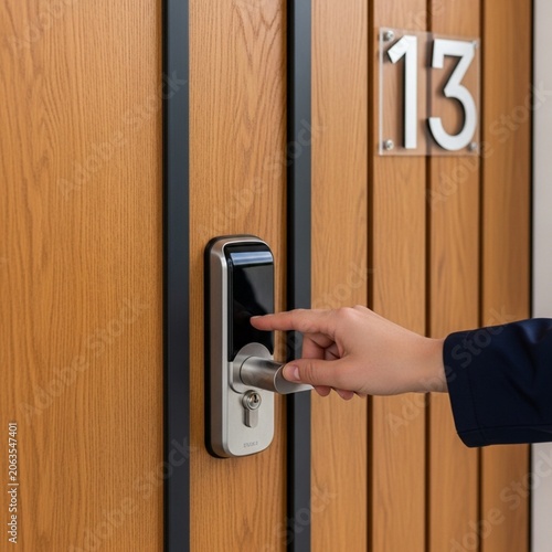 Close-up of Hand Using Modern Keyless Smart Lock on Wooden Door of Vacation Rental