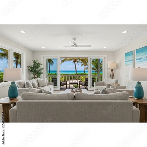 Modern Coastal Living Room with Tropical Beach View and Contemporary Decor