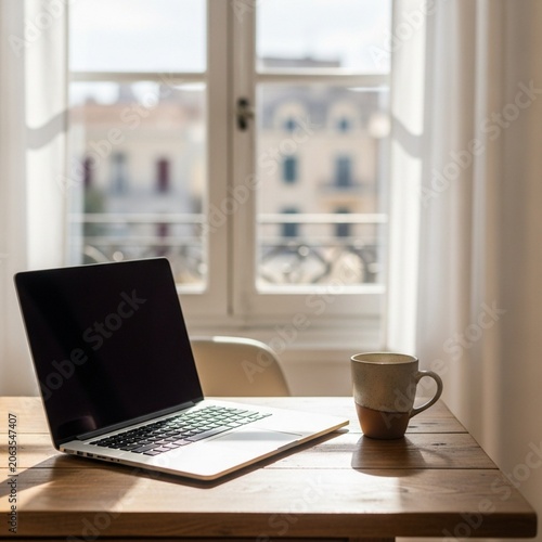 Remote Work Laptop Setup on Rustic Table with Mediterranean Village View and Coffee Mug