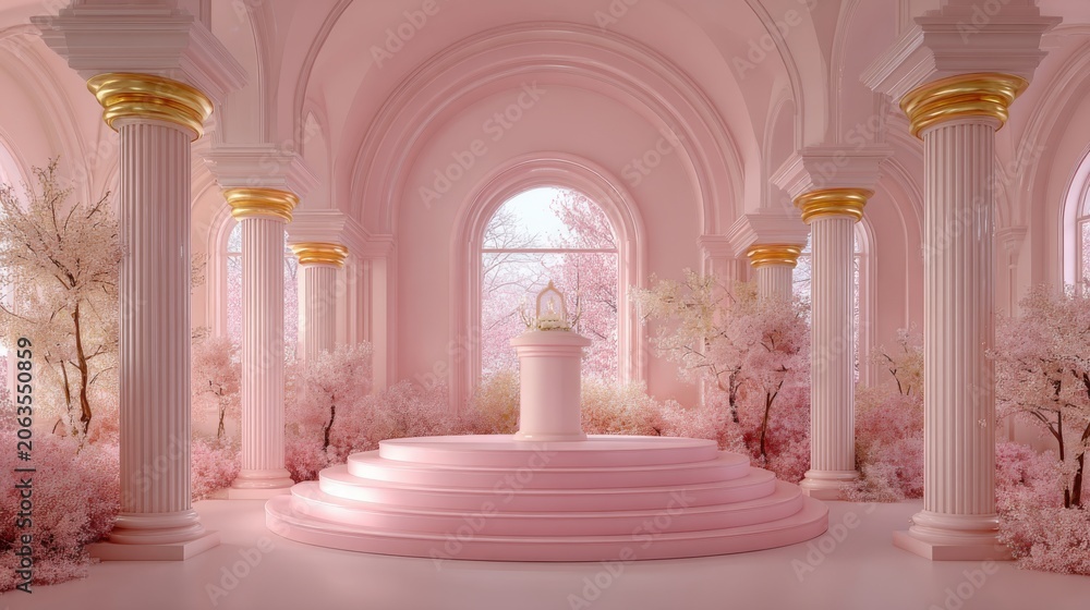 Naklejka premium Ethereal pink palace interior with blooming trees, ornate columns, and a central tiered platform