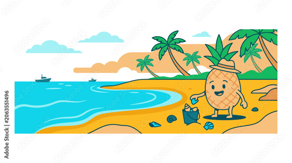 Obraz premium Happy Pineapple Character Collecting Shells on Tropical Beach Vacation