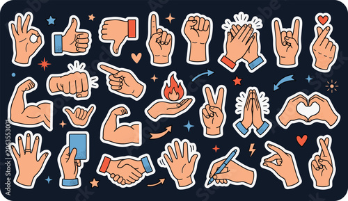 Set of colorful hand gestures and finger signs stickers illustration with communication language expression illustration strength handshake counting colorful creative collection