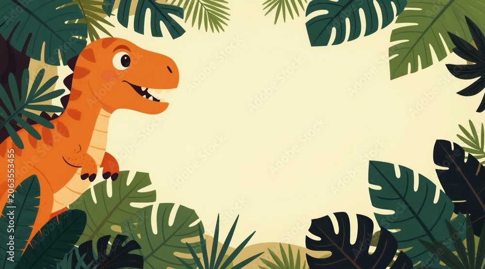 Obraz premium Orange cartoon dinosaur peeks from jungle leaves. Bright illustration with empty space for text, perfect for kids content and fun invitations. Playful dino art.