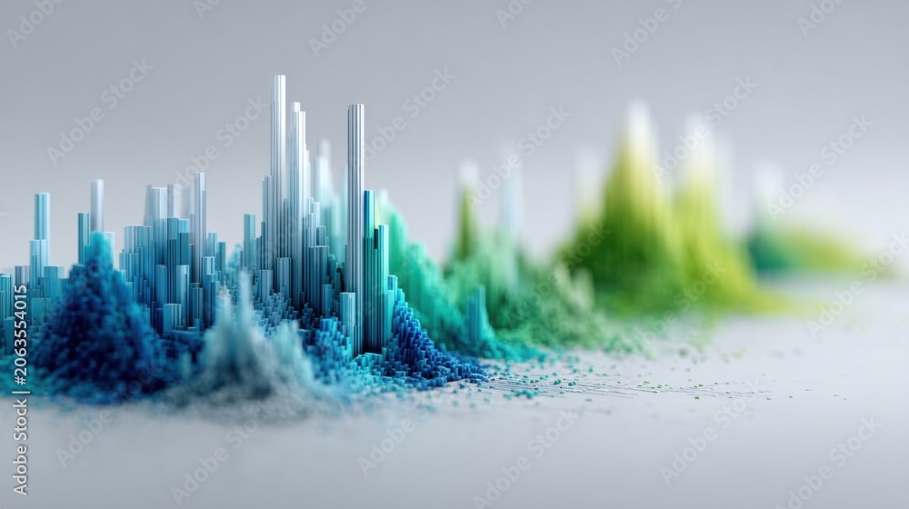 Obraz premium Abstract 3D data visualization with colorful crystalline structures and flowing gradients on a clean background