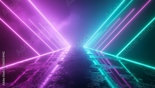 Vibrant neon lights illuminate a dark futuristic tunnel with purple and blue beams.