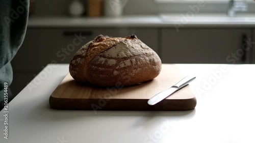 Freshly Baked Sourdough Bread Loaf Resting on a Wooden Cutting Board in a Modern Kitchen.
