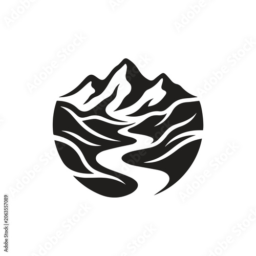 Abstract mountain range and river flowing water graphic icon with mountain