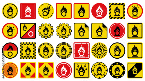 Vector Icons Collection of oxidizing hazard warning stickers and safety signs with flame over circle symbol. EPS Editable