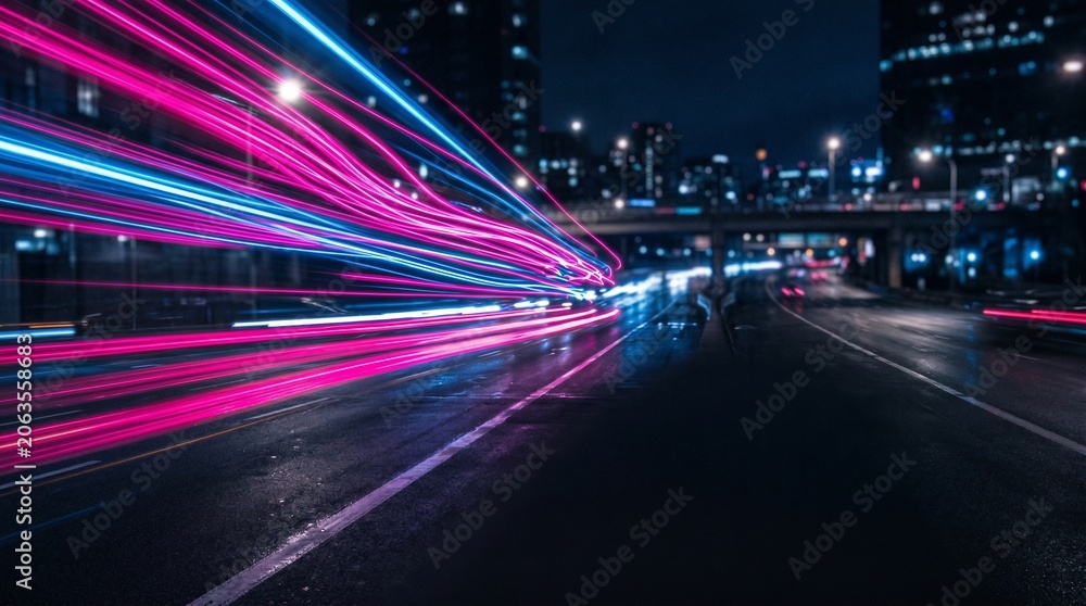 Fototapeta premium Dynamic Neon Light Trails on City Highway at Night