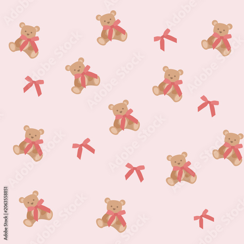 A charming seamless pattern featuring cute brown teddy bears sitting with cheerful expressions, each adorned with a bright pink bow. Scattered pink ribbon bows complement the design, creating a playfu