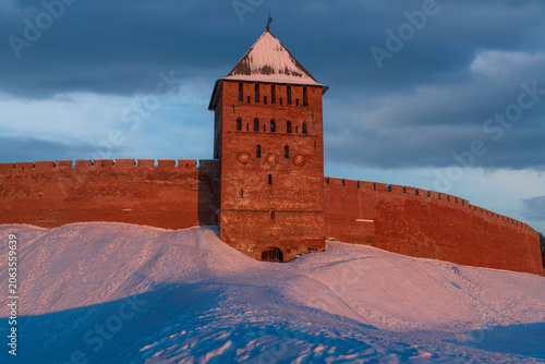 Dvortsovaya Tower (Palace Tower) of the Novgorod Kremlin (Novgorod Detinets) on a sunny winter day, Veliky Novgorod, Russia