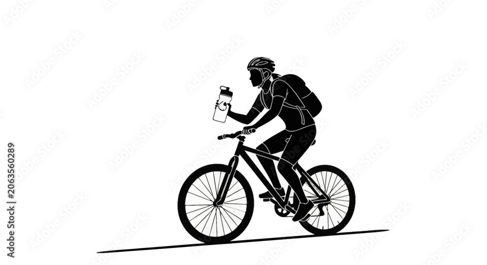Obraz premium Black and white vector silhouette of a male cyclist riding a mountain bike while holding a water bottle, wearing a helmet and backpack, isolated on a white background.