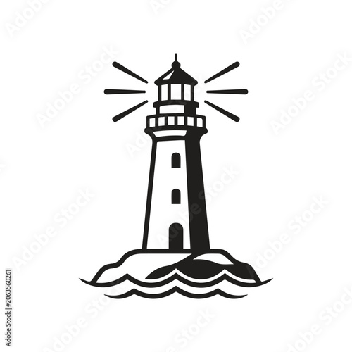 Lighthouse coastal beacon graphic icon on rocky island with lighthouse, maritime
