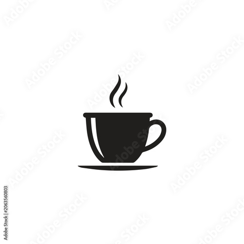 Solid black silhouette icon of a steaming mug of hot coffee with silhouette