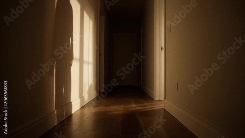 A haunting shadow of a person walking along a dark residential hallway.
