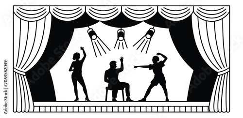 Tableau sur toile Conceptual Soccer Drama on Theater Stage with Curtains, Spotlights, Football Coa