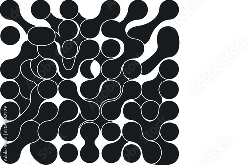 Abstract geometric pattern with interconnected black circular shapes on white background, abstract