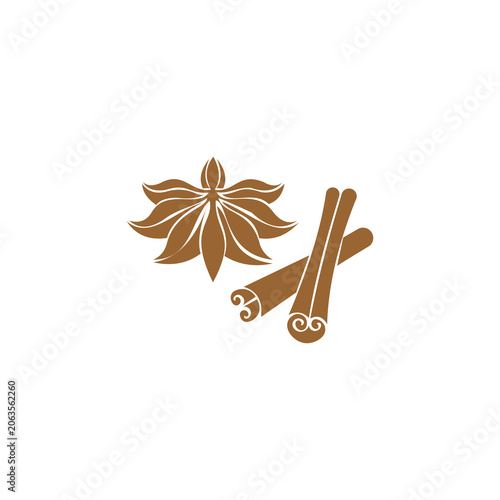 A clean, stylized vector icon depicting star anise and cinnamon sticks, representing natural spices, culinary ingredients, aromatherapy, and warming flavors.