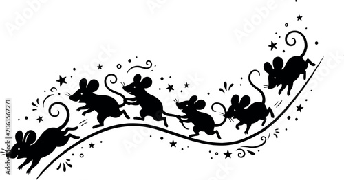 Silhouette illustration of a group of mice running on a curved decorative line with silhouette